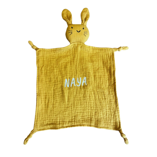 Doudou Lapin Personnalisé brodé – Gaze de coton douce, broderie prénom