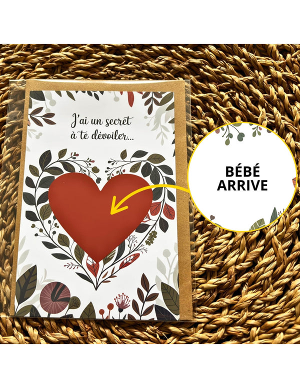 Carte à gratter annonce grossesse “Bébé arrive” cœur rouge