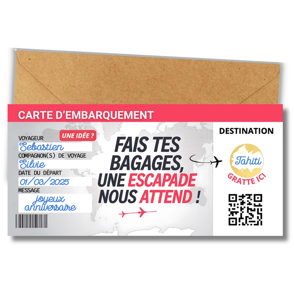Carte d'embarquement personnalisable à gratter - Offrez un voyage surprise ! - Cadeau surprise idéal